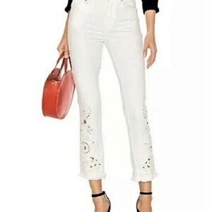 Free People White Cropped Jeans with Embroidery Size 24 Boho Denim Festival